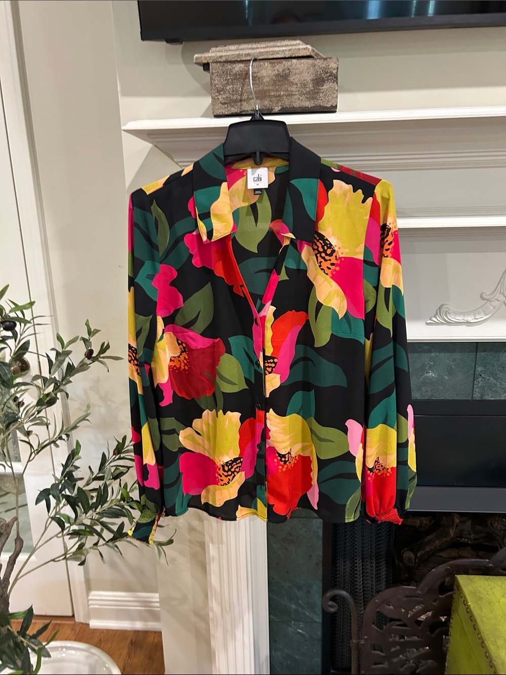 CAbi Black Floral Print Blouse with Pink, Yellow & Green Accents